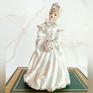 Vintage 1950s Lefton China Lady Winter Muff & Glittery Spaghetti “Fur” Trim Coat